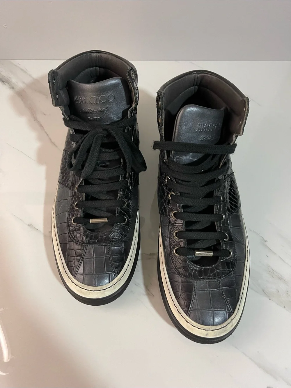 Jimmy Choo Black Croc-Embossed High-Top Sneakers